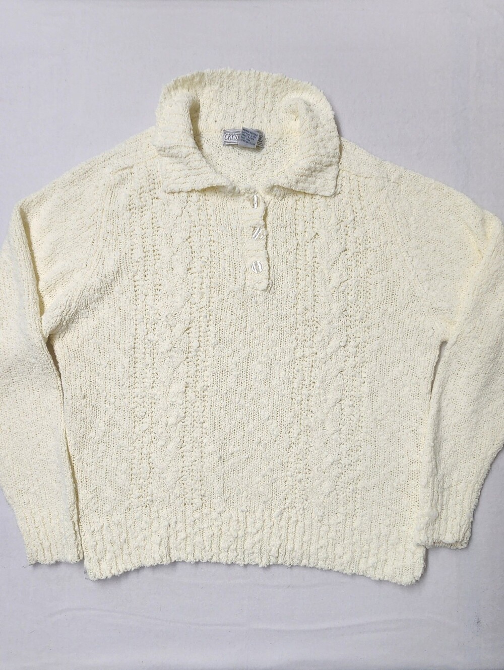Vintage 90s Cream Cable Knit Polo Sweater Cozy Coastal Grandma Petite Small PS
